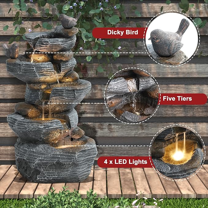 5 Tiers Garden Fountain Outdoor, 26.4" Rock Waterfall Feature with 4 LED Lights, Modern Resin Fountain Freestanding with Pump and Dicky Bird for Indoor and Porch Patio, Home Art Decor, Grey