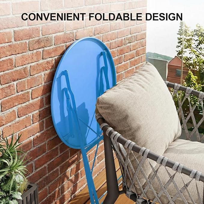 GarveeHome 3-Piece Foldable Bistro Set, Outdoor Patio Furniture with 2 Folding Chairs & 1 Table, Weather-Resistant Indoor/Outdoor Conversation Set for Patio, Blue