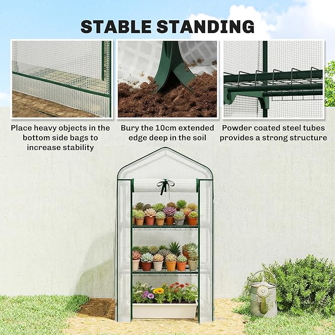 Outsunny 3 Tier Mini Greenhouse with Screen Roof, 27.6" x 19.7" x 50", Portable Small Greenhouse with High Strength PE Cover, Roll-Up Zipper Door for Garden Yard Backyard, White