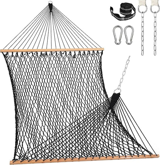 Lazy Daze Hammocks 12FT Double Rope Hammocks, 2 Person Hand Woven Cotton Hammock with Spreader Bar, Carabiner, Tree Strap, Chain for Outside, FIT 13-15 FT Stand, Max 450 Lbs, Black