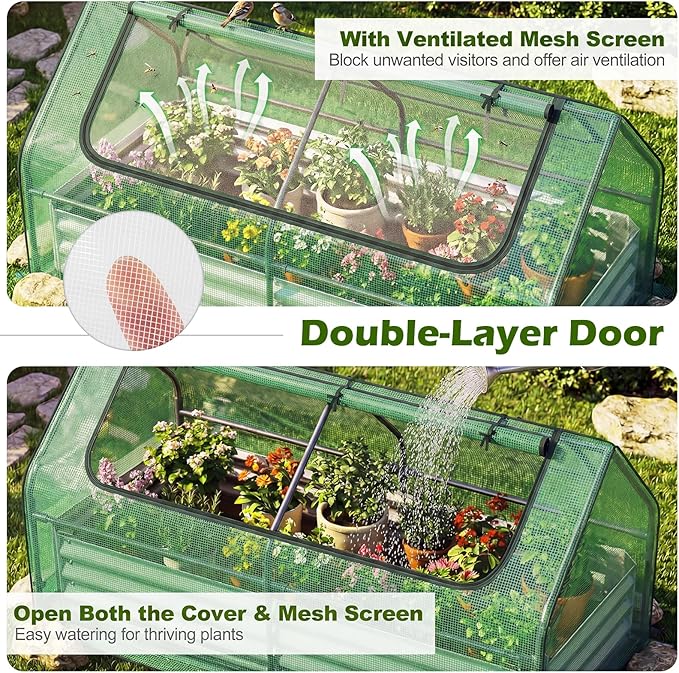 SAFSTAR Raised Garden Bed with Cover, 6FT x 3FT x 3FT Galvanized Bottomless Garden Bed with Greenhouse, Dual 2-Tier Roll-Up Windows, Outdoor Metal Planter Box Kit with Cover (Green)