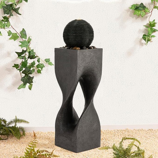 Glitzhome Outdoor Water Fountain, 36.5" H Polyresin Outdoor Fountain with Pebbles, Pump and LED Light, Modern Geometric Pedestal and Sphere Garden Fountain Waterfall for Patio, Backyard, Porch, Deck