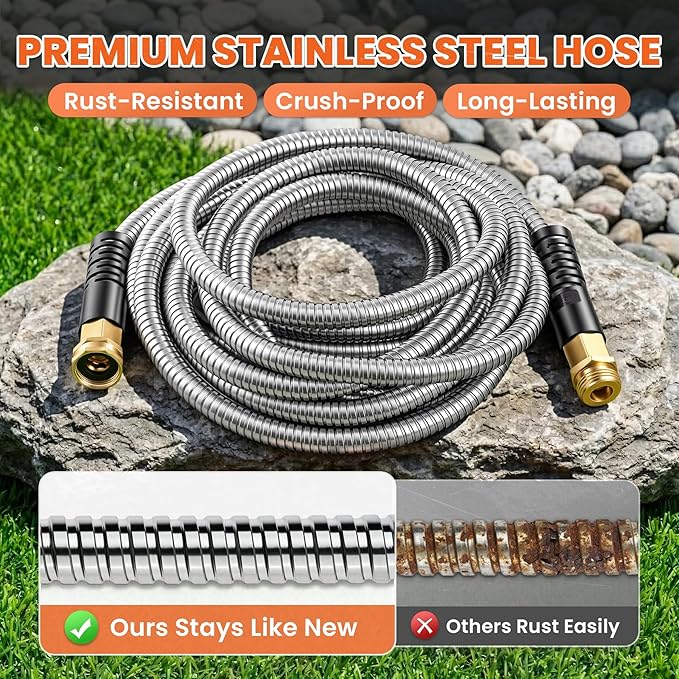 Cesun 25 ft Metal Garden Hose, Stainless Steel Heavy Duty Water Hose With 10 Function Nozzle, No Kink & Flexible, Lightweight and Durable, Rust Proof for Yard, RV, Pet Bath, Outdoor, 25 foot x 5/8"