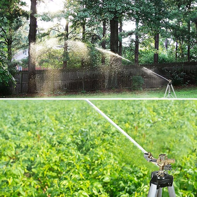 YAMATIC Tripod Impact Sprinkler for Yard Large Area, Heavy Duty Metal Lawn and Garden Sprinkler, 18"-36" Adjustable Height, 20°-360° Rotation Control, 3/4" Brass Quick Connect for Garden Hose, 1 Pack