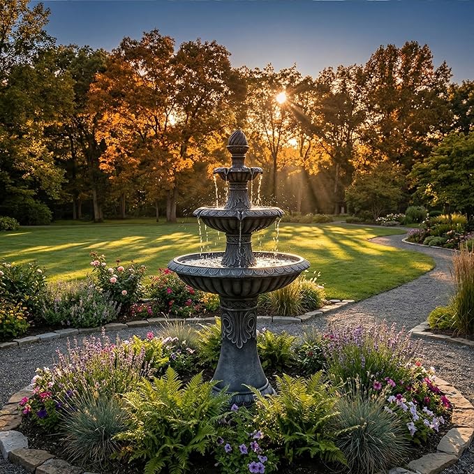 52-Inch Outdoor Water Fountain, 3-Tier Large Italian Faux Stone Resin Waterfall Fountain with 2 LED Lights, Large Bird Bath Basin Water Feature for Garden, Patio, Backyard, Deck, Lawn in Black