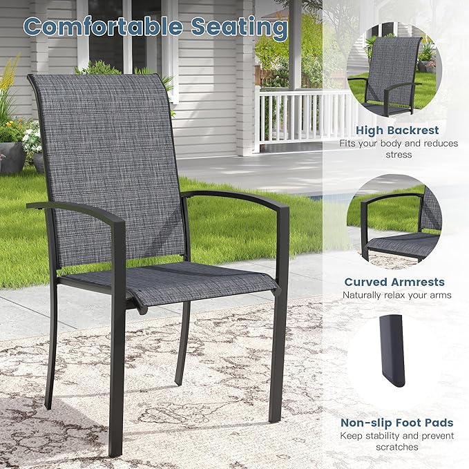 DIFY Patio Chairs Set of 4, Stackable Outdoor Dining Chairs with High Back & Metal Frame, All Weather Breathable Textilene Fabric Outdoor Chairs Set for Backyard Garden Deck, Dark Grey