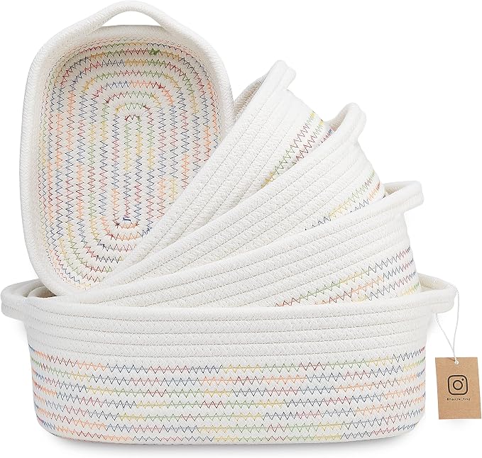 NaturalCozy 5-Piece Rectangle Storage Basket Set- Natural Cotton Rope Woven Baskets for Organizing! Small Basket for Montessori, Baby Nursery, Dog Toy Baskets, Cat Toy Box, Bathroom Organization Bin