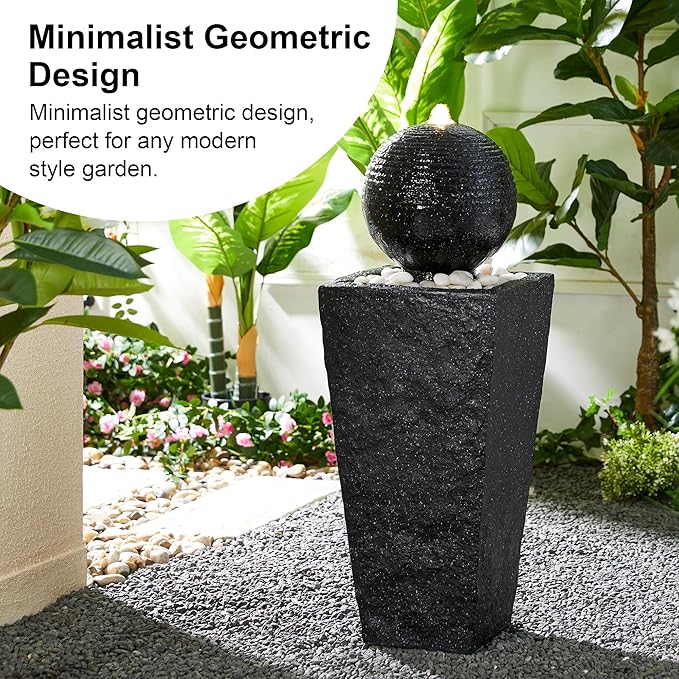 Glitzhome Outdoor Water Fountain, 31.75"H Modern Geometric Pedestal and Sphere Polyresin Waterfall Fountain, Outdoor Fountain with Pebbles, Pump and LED Light for Patio, Backyard, Garden, Deck(Black)