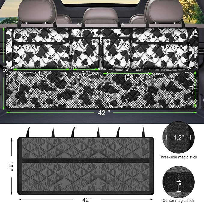 Femuar Car Trunk Organizer,Large Capacity Backseat Trunk Organizer(42"*18"),Collapsible Car Storage Bag with 8 Pocekt,SUV/MPV/Truck - Cow print