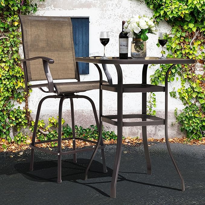 NUU GARDEN 5 Piece Patio Bar Set with Square Silk Screen Bar Height Glass Table and 4 Counter Textilene Height Swivel Chairs for Patio, Yard, Outdoor, Black&Brown