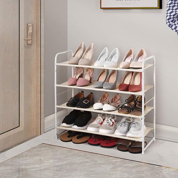 Simple Trending 4-Tier Shoe Rack, Expandable Shoe Shelf, White