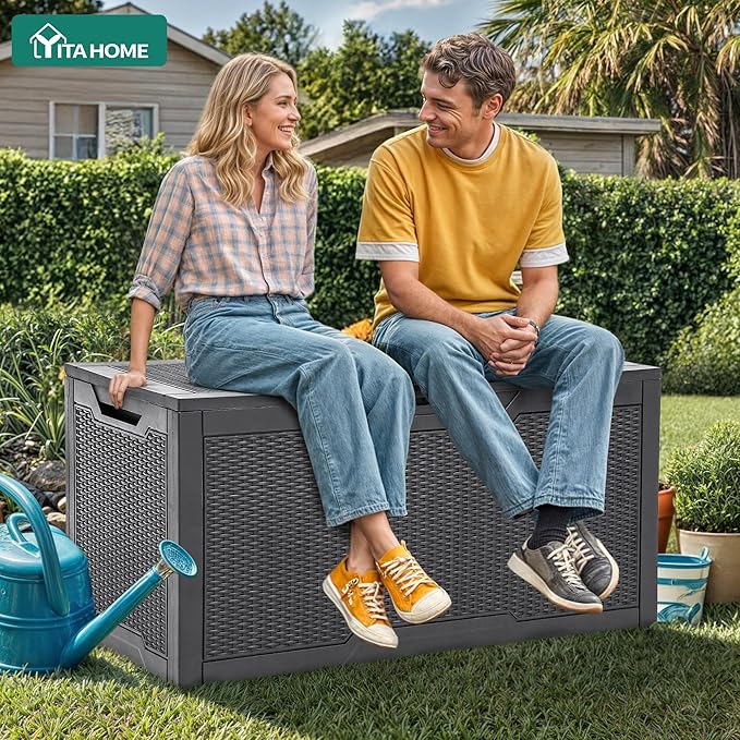 YITAHOME 100 Gallon Large Resin Deck Box Outdoor Storage Boxes for Patio Furniture, Outdoor Cushions, Garden Tools and Pool Supplies-Waterproof,Lockable (Dark grey)