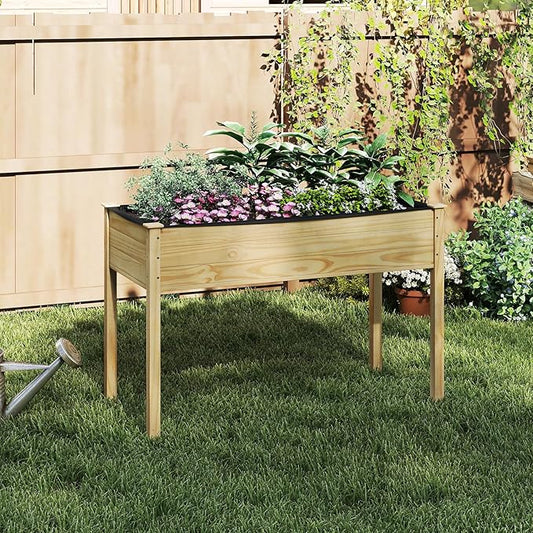 S AFSTAR Wooden Raised Garden Bed with Legs, Planter Box with Liner & Drainage Holes for Vegetable Flower Herb, Indoor Outdoor Elevated Gardening Box for Backyard Patio Balcony