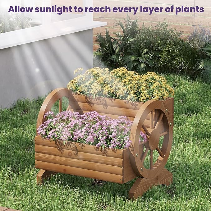Wooden Wagon Planter Box, Standing Garden Planter, Decorative Outdoor Container,Coffee