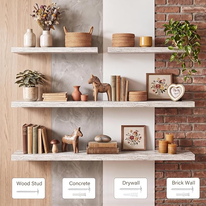 48x8in Floating Shelves 2 Pack, Wall Mount Display Shelf, White Washed | Invisible Brackets, 35lb Sturdy MDF, 48in Long, Easy Install, For Bedroom, Bathroom, Living Room, Kitchen & Office