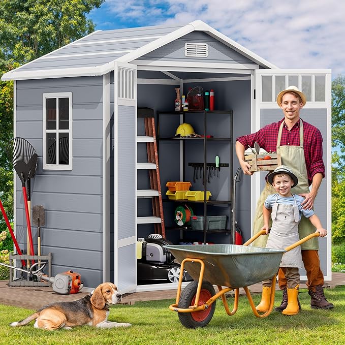DWVO 6x4.4 FT Outdoor Storage Shed with Fence-Style and Side Windows, Lockable Door, and Vents Resin Storage Shed for Garden Backyard Patio Lawn