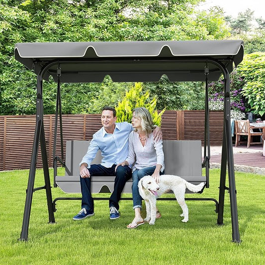 GARTOO 3-Seat Patio Swing Chair, Outdoor Porch Swing with Adjustable Canopy and Durable Steel Frame for Patio, Garden, Poolside(Grey)