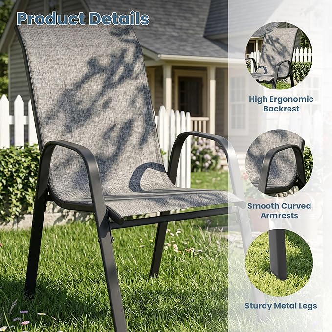 DIFY Patio Chairs Set of 6, Stackable Outdoor Dining Chairs Set with Breathable Textilene High Back and All-Weather Metal Frame for Garden, Backyard, Deck, Grey