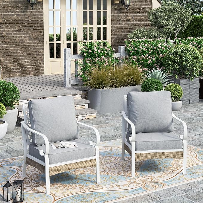 HERA'S HOUSE Patio Chairs Set of 2, High Back Outdoor Metal Frame Chairs with Cushions, All Weather Outdoor Patio Furniture for Lawn Garden Backyard Deck, Grey