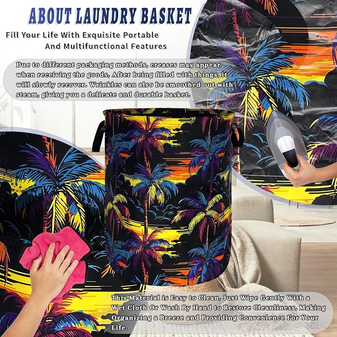 Palm Trees Laundry Basket Oxford Cloth Foldable Hamper 18.9x16.5 Inch | Hawaii With Handle Large-Capacity Tote Bag Laundry Hamper Clothes Storage Bucket Toy Organizer For Bathroom,Laundry,Bedroom