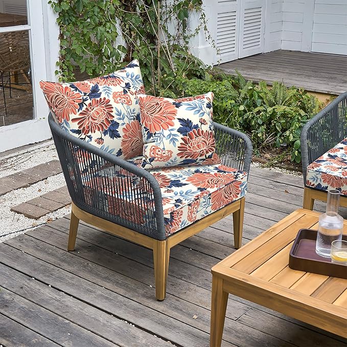 LVTXIII Outdoor Deep Seat Cushion 22"x22"x4" Patio Seat and Back Cushion Set Seasonal Chair Cushion for Dining Arm Chairs, Wicker Chairs and Garden Furniture Decoration, Red Chrysanthemum