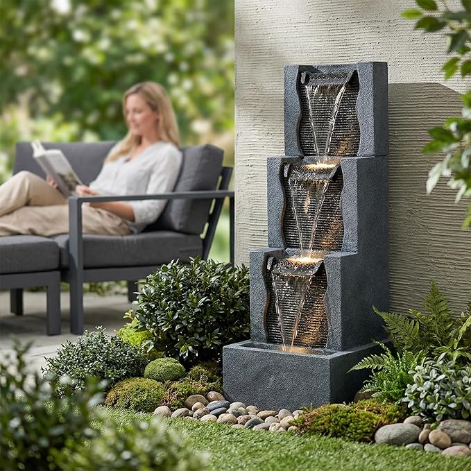 39-Inch Outdoor Water Fountain, 4-Tier Modern Cascading Resin Waterfall Fountain with 3 LED Lights, Indoor & Outdoor Water Feature for Garden, Patio, Backyard, Deck, Porch, Balcony in Black