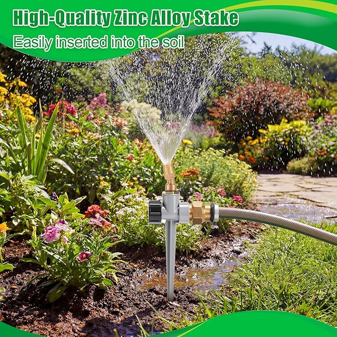 Tioncy 4 Pack Metal Lawn Sprinkler with Brass Nozzle, Heavy Duty Garden Spike Sprinkler Automatic Irrigation Tool for Lawn Garden Yard Greenhouse(Single Nozzle,Silver)