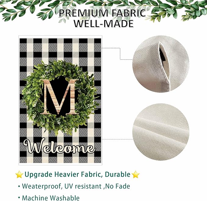 Baccessor Monogram Letter M Garden Flag 12.5 x 18 Inch, Buffalo Plaid Family Last Name Initial Boxwood Wreath Welcome Vertical Double Sided Small Flags for Outdoor Outside Decoration