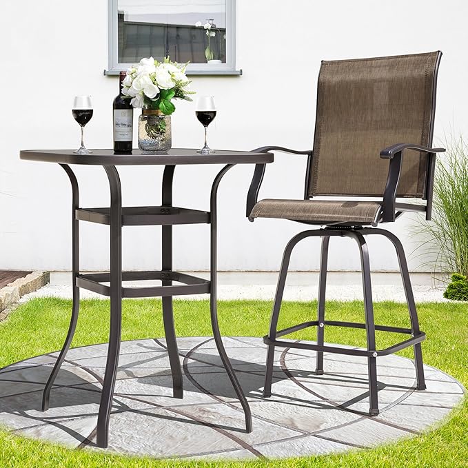 NUU GARDEN 5 Piece Patio Bar Set with Square Silk Screen Bar Height Glass Table and 4 Counter Textilene Height Swivel Chairs for Patio, Yard, Outdoor, Black&Brown