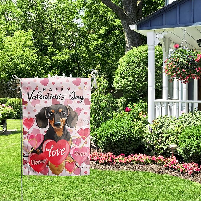 Dachshund Valentine Garden Flag Valentines Day Flags for Outside 12x18 Double Sided Small Yard Flags Dog Valentine's Day Decor Outdoor Lawn Valentines Banners Front Porch