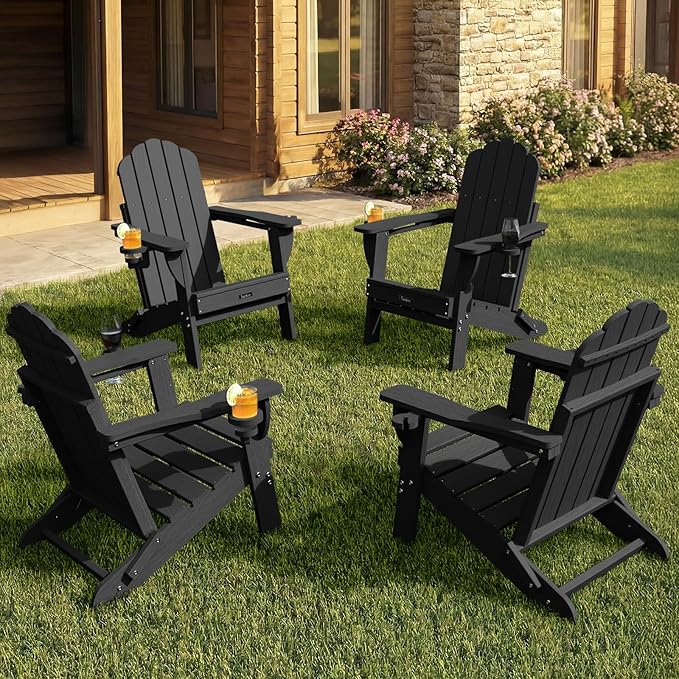 Adirondack Chairs Set of 4, Foldable Adirondack Chairs with 2 Cup Holder, Wood Texture HDPE Fire Pit Chairs, Outdoor Lawn Chair for Patio Garden, Black