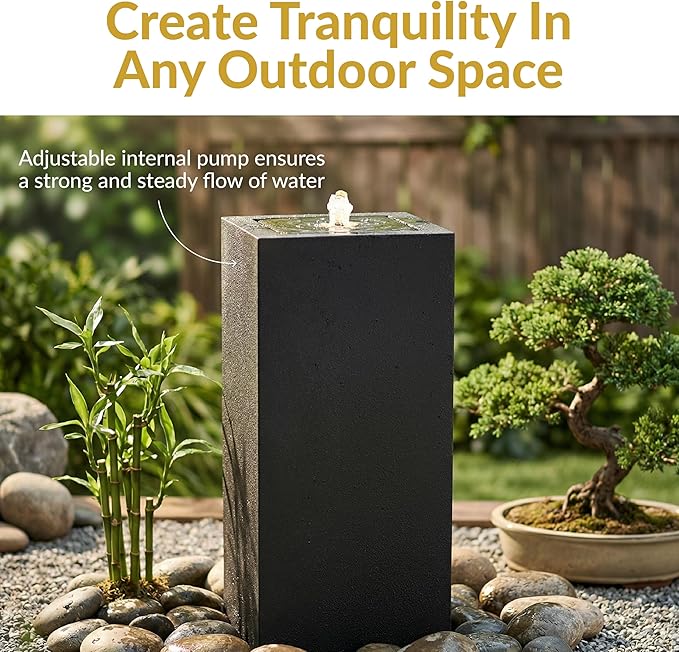 Sunnydaze Outdoor Water Fountain with LED Light - Modern Rectangle Bubbler Water Feature with Pump - 29.5" H - for Patio, Garden, Deck, Relaxation and Stress Relief - Black