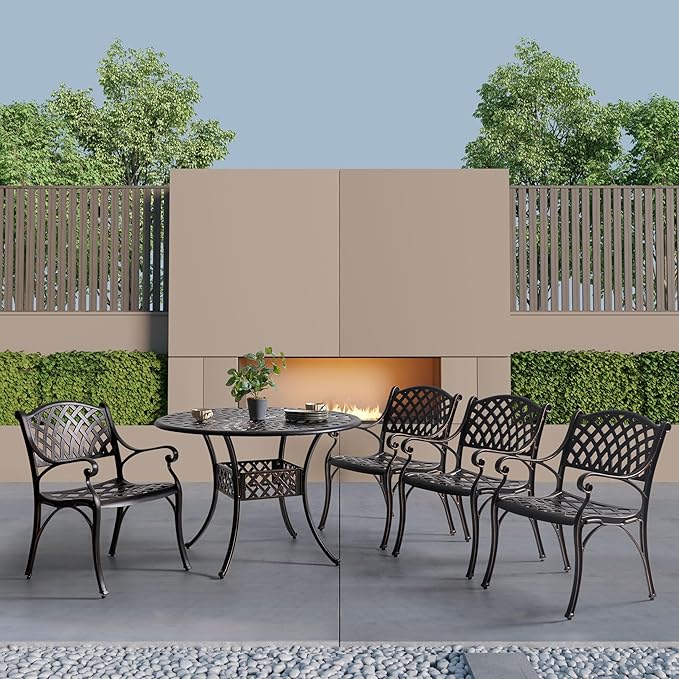 NUU GARDEN Cast Aluminum Patio Dining Chairs with Armrests for Indoor Outdoor Bistro Chairs for Balcony, Backyard, Garden, Black with Bronze Edge