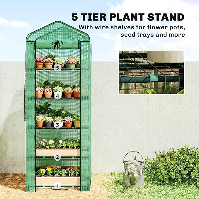 Outsunny 5 Tier Mini Greenhouse with Screen Roof, 27.6" x 19.7" x 75.6", Portable Small Greenhouse with High Strength PE Cover, Roll-Up Zipper Door for Garden Yard Backyard, Green