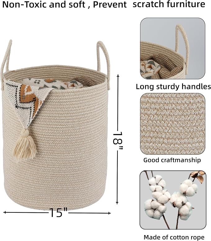 XUANGUO Cotton Rope Laundry Basket Hamper for Clothes, oatmeal