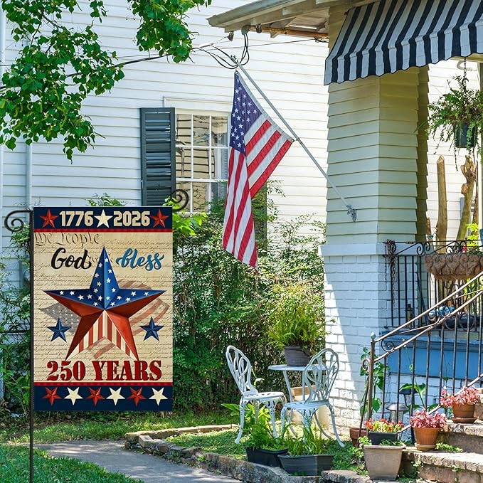 250 Anniversary USA Garden Flags for Outside,4th of July 250th Year America Banner,God Bless United States 12x18 Inch Double-Sided with Patriotic Star,1776-2026 America Merchandise for Yard Decoration