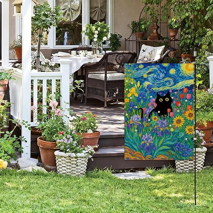 Baccessor Spring Summer Black Cat Garden Flag Double Sided 12.5 x 18 Inch Burlap with Clip and Stopper,Starry Night Flowers Flag Yard Lawn Seasonal Farmhouse Outside Outdoor Decoration