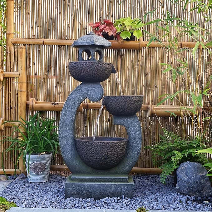 Tankana Outdoor Garden Water Fountain - Modern Tranquil Zen Pagoda Waterfalls Fountains Bowl with LED Lights & Pump for Patio Yard Porch Pool Decor, Gray, 35.5 inches
