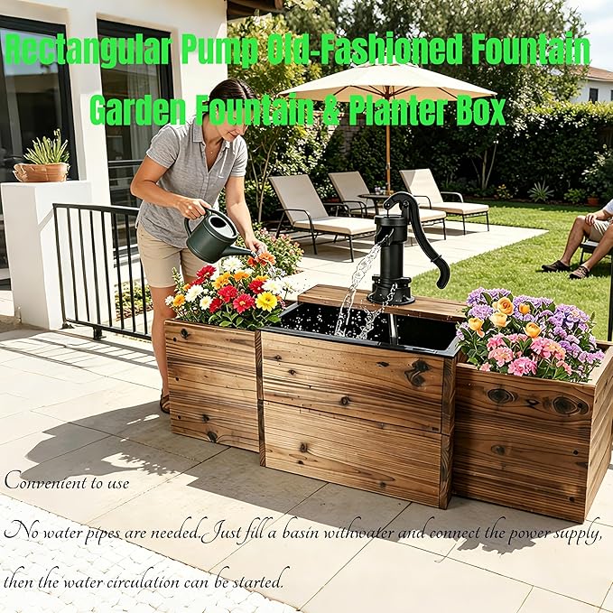 NestNature Outdoor Water Fountain,Floor Wooden Rectangular Pump Old-Fashioned Fountain with Flower Box, Solar-Powered Electric Decorative Hand Pump, Outdoor Water Feature for Garden Patio Backyard