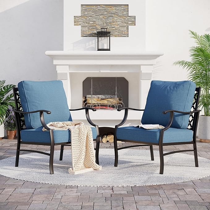 SUNSHINE VALLEY Metal Patio Chairs Set of 2 with 5.75" Extra Thick Cushion, 2 Pieces High Back Outdoor Patio Chairs All Weather Outdoor Furniture Seating for Deck Backyard Front Porch, Denim Blue
