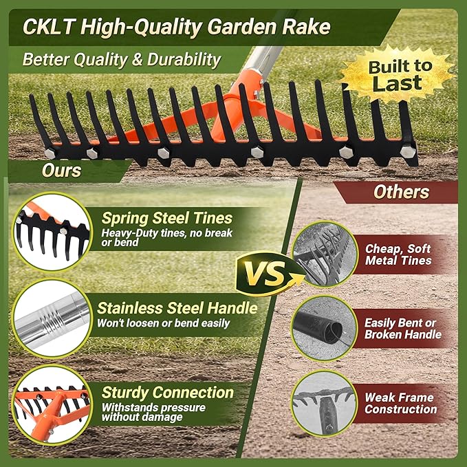 Garden Rake 17 Tempered Spring Steel Tines Heavy Duty Rake for Lawns Bow Rakes Metal Rakes with 62 Inch Stainless Steel Adjustable Long Handle for Loosening Soil Yard Work