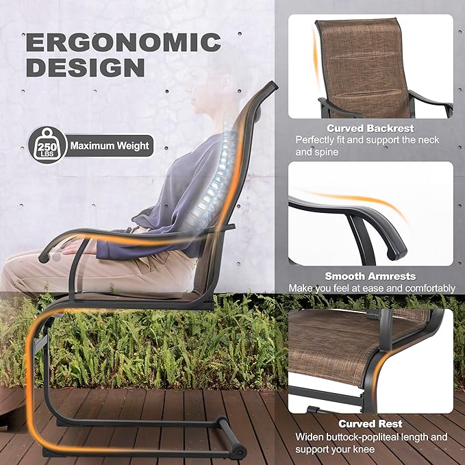 NUU GARDEN Patio Dining Chairs Set of 4, All Weather Outdoor Padded Textilene Patio Chairs, Breathable Spring Motion Textile High Back Outdoor Dining Chairs for Backyard, Lawn, Deck, Brown