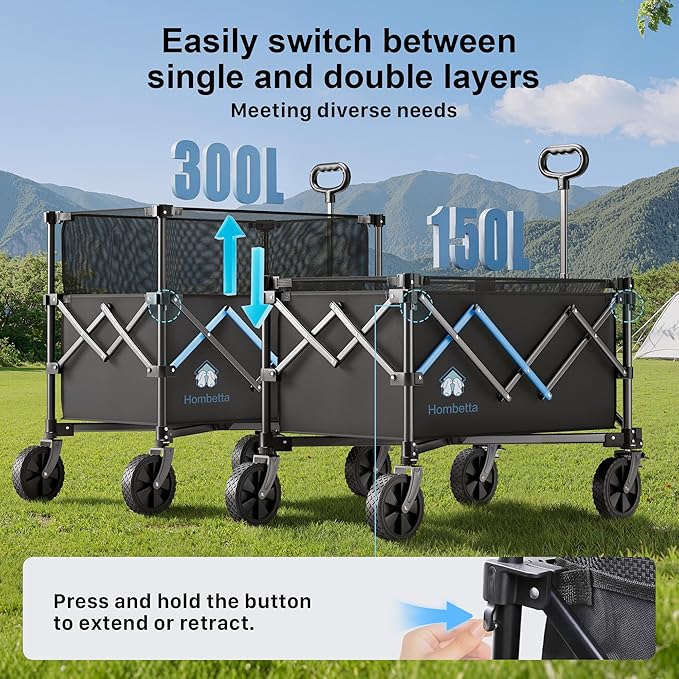 Homebetta Collapsible Wagon Cart, 450LBS Heavy Duty Collapsible Wagon with Brake, All-Terrain Wheels, Removable Fabric Cover, Adjustable Capacity 150L–300L for Garden, Moving, Glamping, Beach, Gift