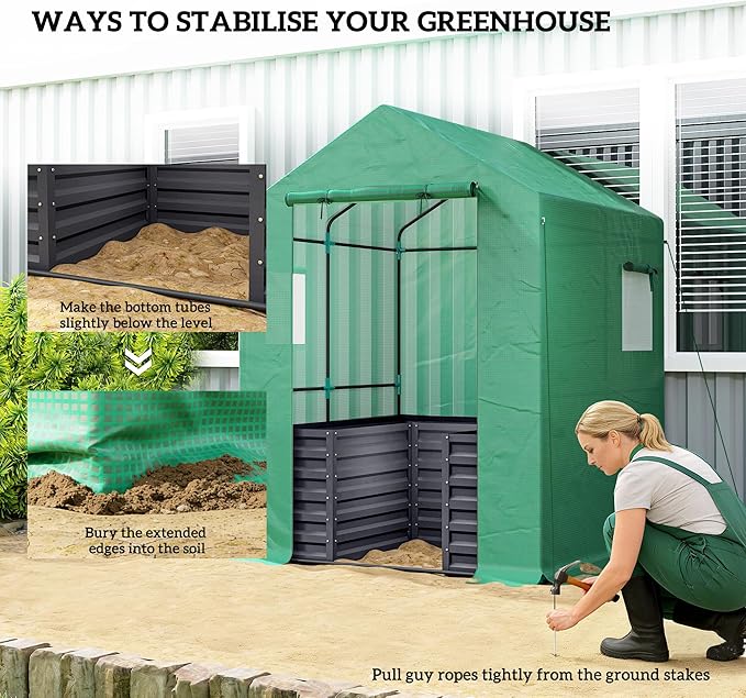 Outsunny Greenhouse with Raised Garden Bed, 56" x 56" x 75" Galvanized Steel Planter Box with PE Cover, Roll Up Door and Windows, Outdoor Greenhouse for Flowers Vegetables, Dark Gray