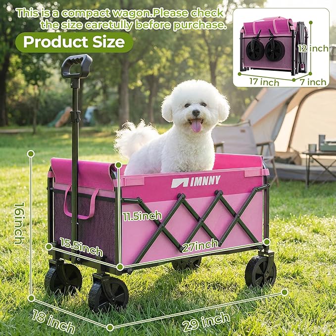 Pink Collapsible Wagon Cart, Lightweight Folding Utility Cart with Wheels, 220lbs Capacity Portable Grocery Cart for Sporting Events, Garden, Shopping (Pink)