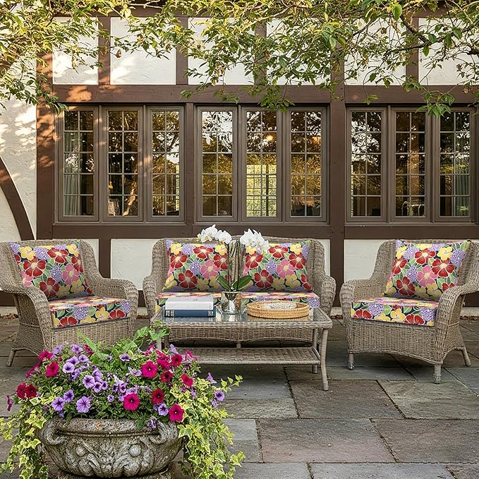 LVTXIII Outdoor Deep Seat Cushion Patio Seat and Back Cushion Set Seasonal Chair Cushion for Dining Arm Chairs, Wicker Chairs and Garden Furniture Decoration, 22"x22"x4", Flower Bloom