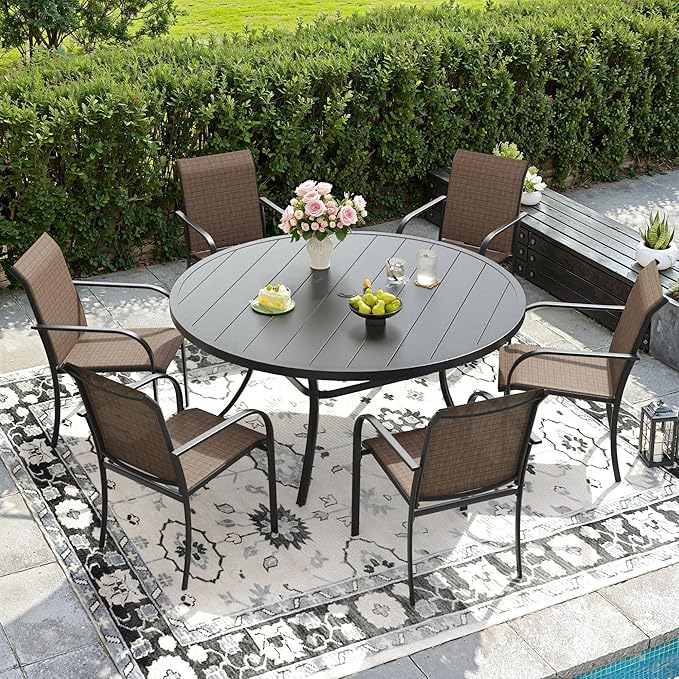 DIFY Patio Chairs Set of 2, Stackable Textilene Outdoor Dining Chairs with Metal Frame, All Weather Outdoor Chairs Set for Backyard Garden Deck Poolside, Brown