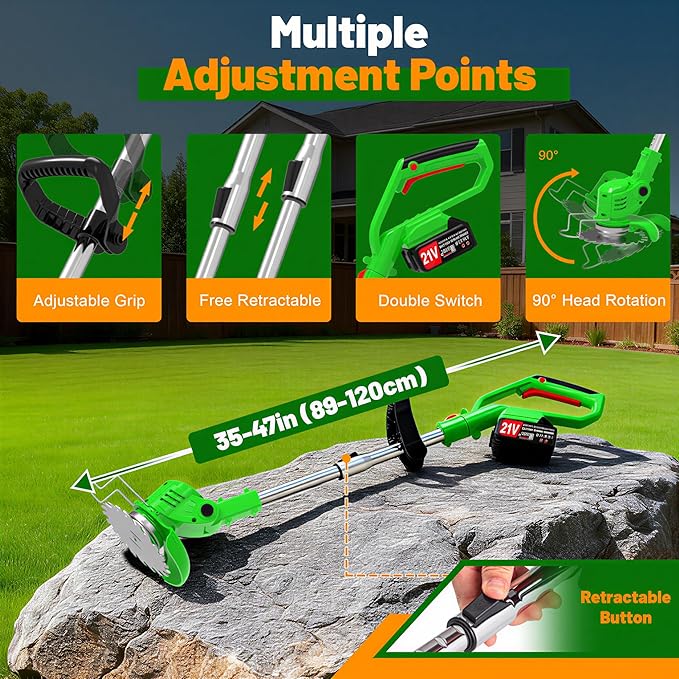 Cordless Weed Wacker Electric Stringless Eater 21V Battery Powered Lightweight Portable Weed Trimmer, 3-in-1 Lawn Edger/Grass Trimmer/Brush Cutter with 4 Types Blades & Wheels for Yard and Garden