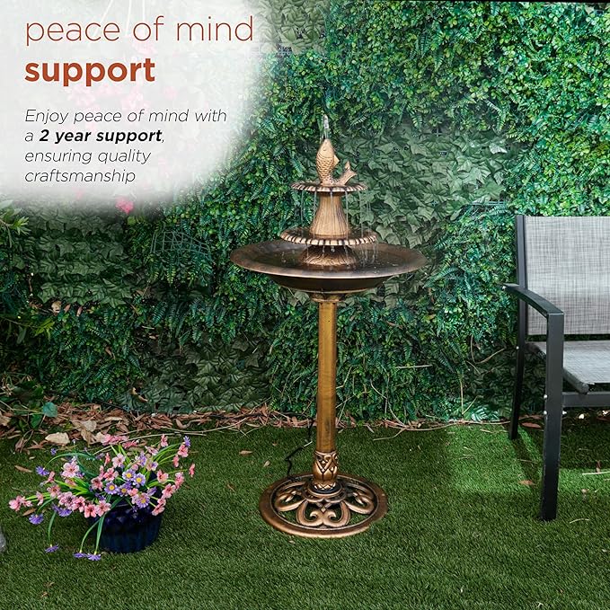 Alpine Corporation 40" Tiered Pedestal Fish Fountain Birdbath, Cascading Outdoor Water Feature for Garden, and Backyard Décor, Gold