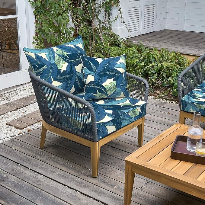LVTXIII Outdoor Deep Seat Cushion 22"x22"x4" Patio Seat and Back Cushion Set Seasonal Chair Cushion for Dining Arm Chairs, Wicker Chairs and Garden Furniture Decoration, Swaying Palms Blue